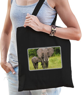 Bellatio Decorations Dieren tas van katoen met olifanten foto zwart voor volwassenen