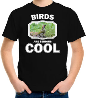 Bellatio Decorations Dieren vogels t-shirt zwart kinderen - birds are serious cool shirt  jongens/ meisjes - cadeau shirt groene specht/ vogels liefhebber L (146-152)