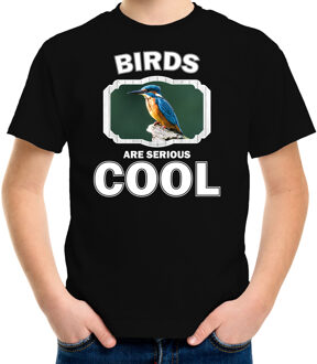 Bellatio Decorations Dieren vogels t-shirt zwart kinderen - birds are serious cool shirt  jongens/ meisjes - cadeau shirt ijsvogel zittend/ vogels liefhebber L (146-152)