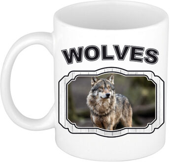 Bellatio Decorations Dieren wolf beker - wolves/ wolven mok wit 300 ml - feest mokken