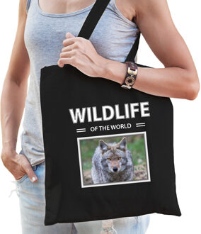 Bellatio Decorations Dieren Wolf foto tas katoen volw + kind zwart - wildlife of the world - kado boodschappentas/ gymtas / sporttas - Wolven