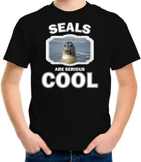 Bellatio Decorations Dieren zeehonden t-shirt zwart kinderen - seals are serious cool shirt  jongens/ meisjes - cadeau shirt grijze zeehond/ zeehonden liefhebber L (146-152)