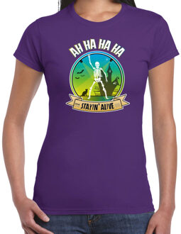 Bellatio Decorations disco style Halloween t-shirt dames - Stayin Alive - paars -verkleed themafeest M - Feestshirts