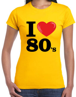 Bellatio Decorations Disco T-shirt dames - I love 80s - geel - eighties thema party - verkleedkleding - themafeest XS