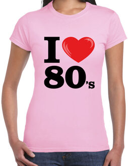 Bellatio Decorations Disco T-shirt dames - I love 80s - roze - eighties thema party - verkleedkleding - themafeest L