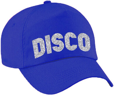 Bellatio Decorations Disco thema verkleed petje - baseballcap - voor volwassenen - zilver glitter bedrukking - blauw