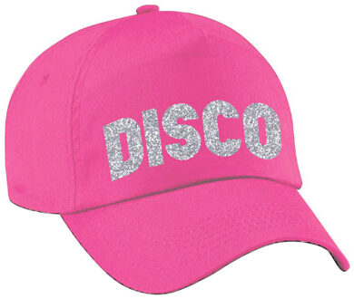 Bellatio Decorations Disco thema verkleed petje - baseballcap - voor volwassenen - zilver glitter bedrukking - roze