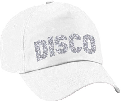 Bellatio Decorations Disco thema verkleed petje - baseballcap - voor volwassenen - zilver glitter bedrukking - wit