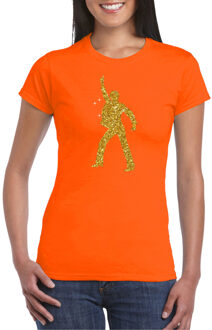 Bellatio Decorations Disco verkleed t-shirt voor dames - oranje - gouden glitter - jaren 70/80