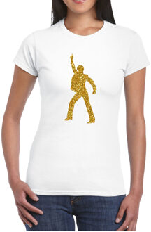 Bellatio Decorations Disco verkleed t-shirt voor dames - wit - gouden glitter - jaren 70/80 XS