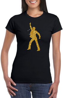 Bellatio Decorations Disco verkleed t-shirt voor dames - zwart - gouden glitter - jaren 70/80