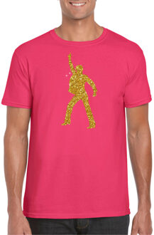 Bellatio Decorations disco verkleed t-shirt voor heren - roze - gouden glitter - jaren 70/80 2XL