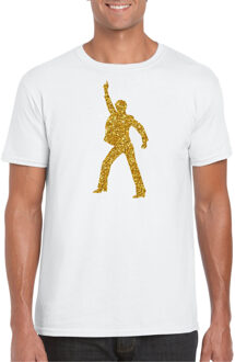 Bellatio Decorations disco verkleed t-shirt voor heren - wit - gouden glitter - jaren 70/80 2XL