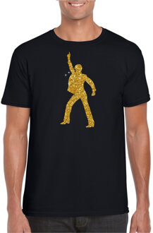 Bellatio Decorations Disco verkleed t-shirt - voor heren - zwart - gouden glitter - jaren 70/80 - kleding