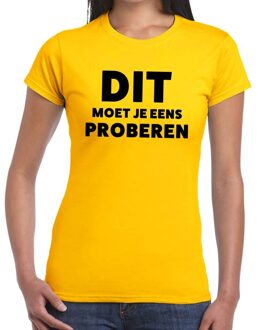 Bellatio Decorations Dit moet je eens proberen beurs/evenementen t-shirt geel dames 2XL