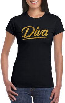 Bellatio Decorations Diva goud tekst t-shirt zwart dames - Glitter en Glamour goud party kleding shirt 2XL