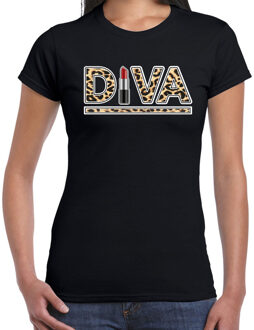 Bellatio Decorations Diva lipstick fun tekst t-shirt voor dames zwart panter print XS