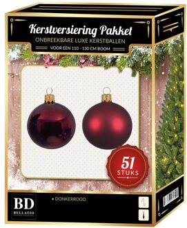 Bellatio Decorations Donkerrode kerstballen pakket 51-delig voor 120 cm boom - Kerstbal Rood