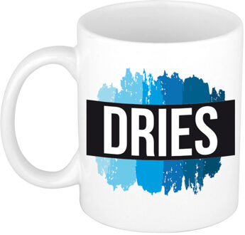 Bellatio Decorations Dries naam cadeau koffie mok - beker - met blauw verfstrepen - Cadeau collega - vaderdag