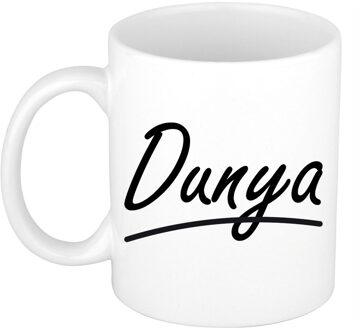 Bellatio Decorations Dunya Naam koffiemok - beker - met sierlijke letters - wit - 300 ml - Cadeau - Dames