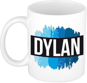 Bellatio Decorations Dylan naam cadeau koffie mok - beker - met blauw verfstrepen - Cadeau collega - vaderdag