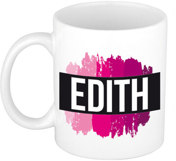 Bellatio Decorations Edith naam cadeau koffie mok - beker - met roze verfstrepen - Cadeau collega - moederdag