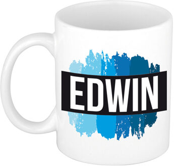 Bellatio Decorations Edwin naam cadeau koffie mok - beker - met blauw verfstrepen - Cadeau collega - vaderdag