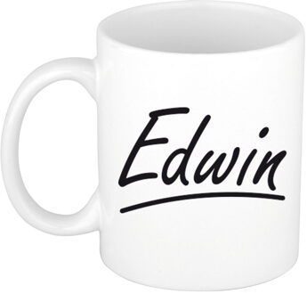 Bellatio Decorations Edwin Naam koffiemok - beker - met sierlijke letters - wit - 300 ml - Cadeau - Heren