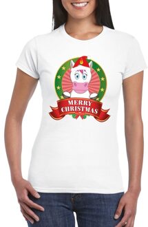Bellatio Decorations Eenhoorn Kerst t-shirt - wit - Merry Christmas - voor dames - kerstkleding