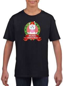 Bellatio Decorations Eenhoorn kerstmis shirt zwart voor kinderen L (146-152) - kerst t-shirts kind