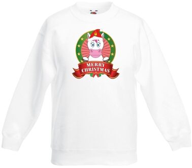 Bellatio Decorations Eenhoorn kerstmis sweater / Kersttrui wit voor jongens 12-13 jaar (152/164) - kerst truien kind