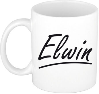 Bellatio Decorations Elwin voornaam kado beker / mok sierlijke letters - gepersonaliseerde mok met naam - Naam mokken Multikleur