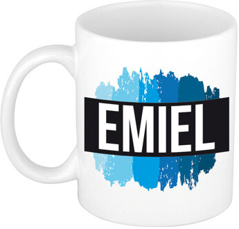 Bellatio Decorations Emiel naam cadeau koffie mok - beker - met blauw verfstrepen - Cadeau collega - vaderdag