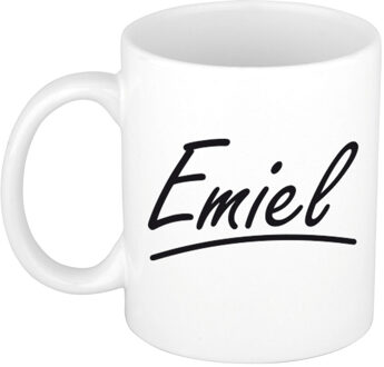 Bellatio Decorations Emiel Naam koffiemok - beker - met sierlijke letters - wit - 300 ml - Cadeau - Heren