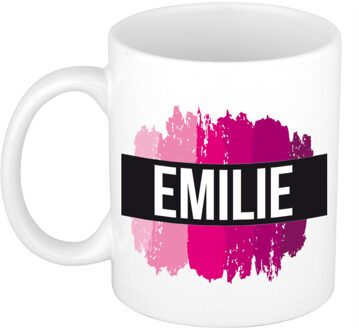 Bellatio Decorations Emilie naam / voornaam kado beker / mok roze verfstrepen - Gepersonaliseerde mok met naam - Naam mokken