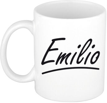 Bellatio Decorations Emilio Naam koffiemok - beker - met sierlijke letters - wit - 300 ml - Cadeau - Heren