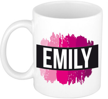 Bellatio Decorations Emily naam cadeau koffie mok - beker - met roze verfstrepen - Cadeau collega - moederdag