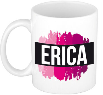 Bellatio Decorations Erica naam / voornaam kado beker / mok roze verfstrepen - Gepersonaliseerde mok met naam - Naam mokken