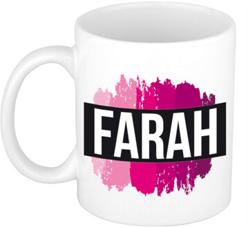 Bellatio Decorations Farah naam cadeau koffie mok - beker - met roze verfstrepen - Cadeau collega - moederdag