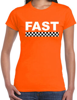 Bellatio Decorations Fast coureur supporter / finish vlag t-shirt oranje voor dames 2XL