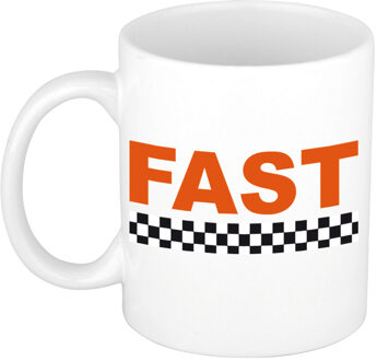 Bellatio Decorations Fast met finish vlag mok / beker wit 300 ml