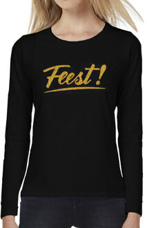 Bellatio Decorations Feest goud tekst longsleeve zwart dames - Glitter en Glamour goud party kleding shirt met lange mouw L