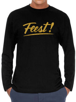 Bellatio Decorations Feest goud tekst - zwart - t-shirt - heren - Glitter en Glamour goud - kleding - met lange mouw M