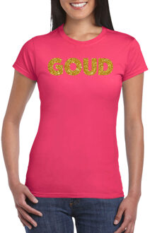 Bellatio Decorations feest t-shirt voor dames goud - glitter tekst - foute party/carnaval - roze XS