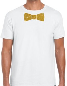 Bellatio Decorations Feestkleding t-shirt - met gouden strikje - wit - voor heren - vlinderdas - glitter and glamour