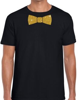 Bellatio Decorations Feestkleding t-shirt - met gouden strikje - zwart - voor heren - vlinderdas - glitter and glamour