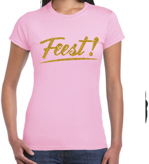 Bellatio Decorations Feestkleding T-shirt voor dames - lichtroze - glitter goud - Glitter en Glamour L