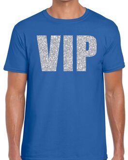 Bellatio Decorations Feestkleding verkleed t-shirt - VIP tekst - zilver glitter print - blauw - voor heren