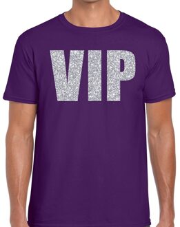 Bellatio Decorations Feestkleding verkleed t-shirt - VIP tekst - zilver glitter print - paars - voor heren