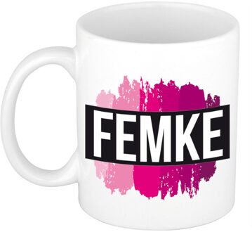 Bellatio Decorations Femke naam / voornaam kado beker / mok roze verfstrepen - Gepersonaliseerde mok met naam - Naam mokken